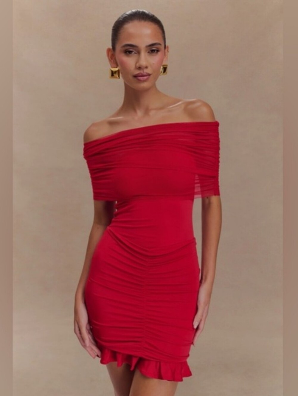 NEW Meshki Caspian Slinky And Mesh Off Shoulder Mini Dress Ruby Red Sz Medium
